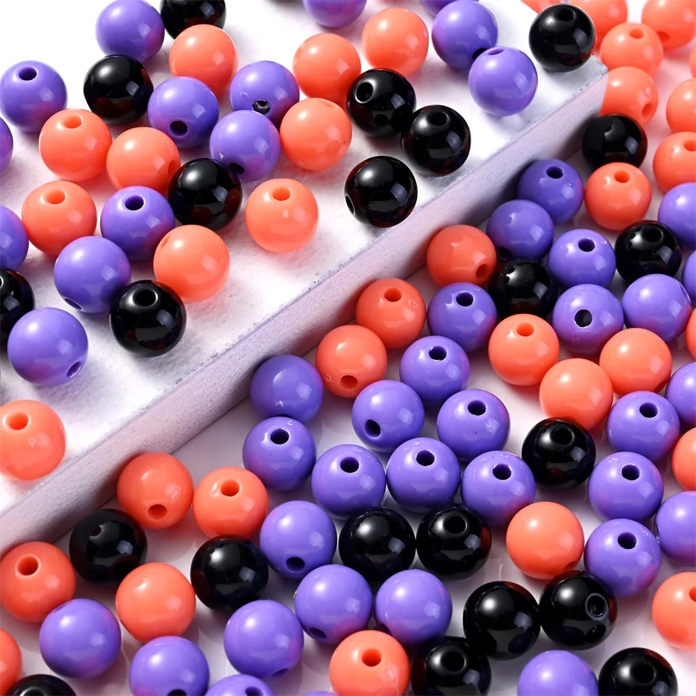 Big Size Halloween Acrylic Beads Mix Purple Orange Black Color 6/8/10/12mm Round Loose Spacer Beads for Jewelry Making DIY Handcrafts Accessories Ideal Handmade Bracelet Keychain Phone Chain Gifts Supplies Festival Party House Decor Beads