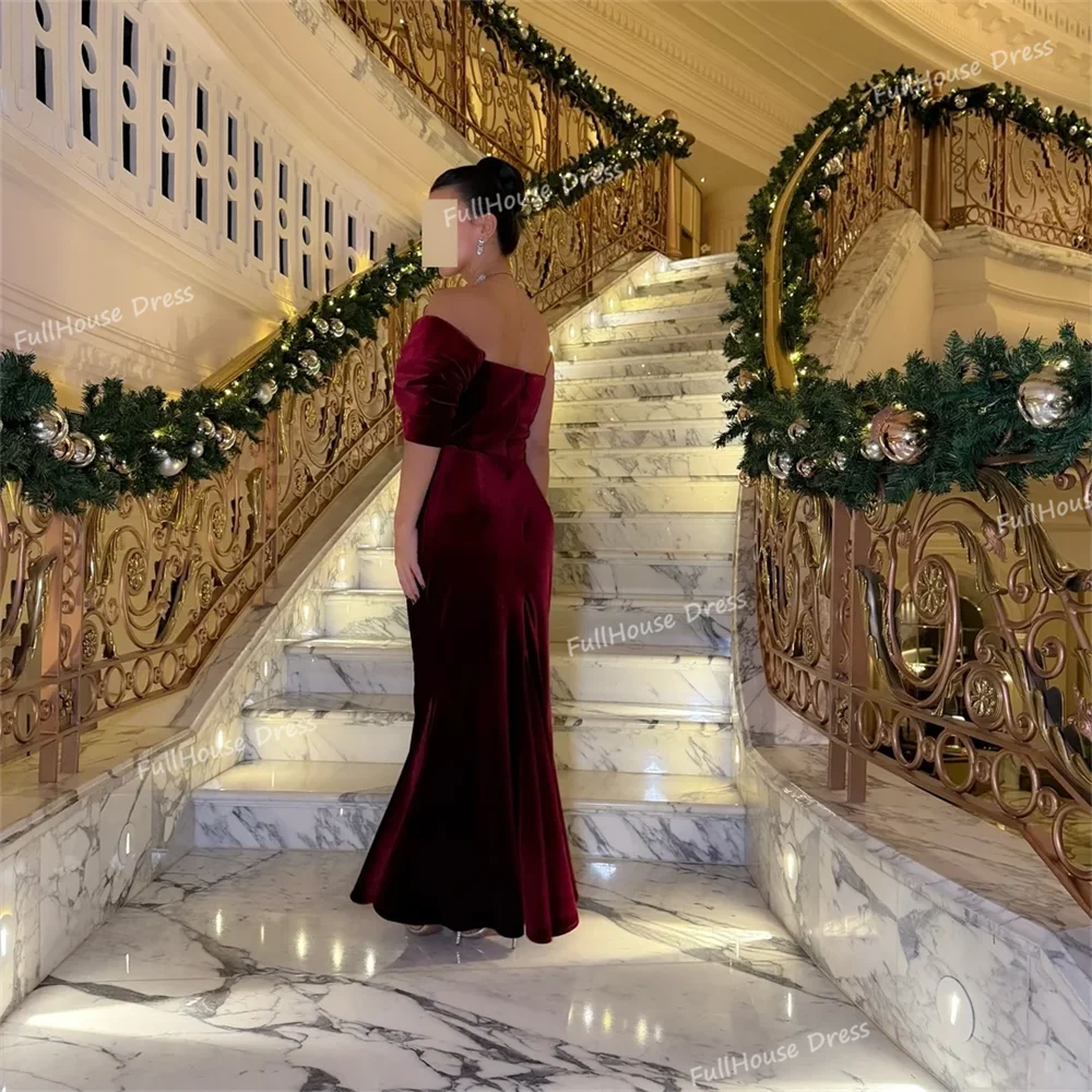 Custom Made Elegant Off Shoulder Pleated Sheath Sexy Bridal Evening Dress Backless Floor Length Saudi Dress with Bow سعيد