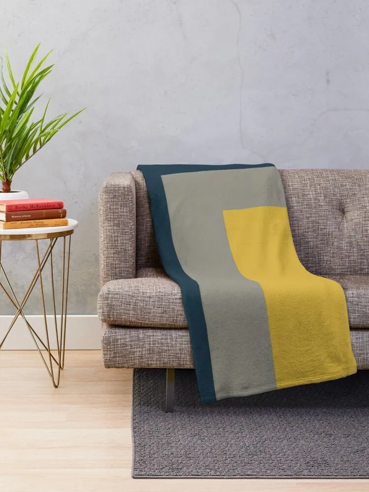 Half Frame Minimalist Geometric Pattern 2 in Mustard Yellow, Navy Blue, and Grey Throw Blanket Single Sofa Throw Blankets