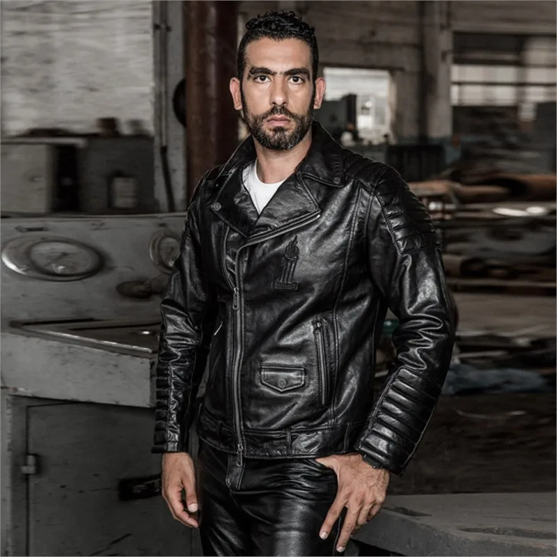 Motorcycle leather men's lapel slanted zipper vegetable-tanned yellow cowhide
