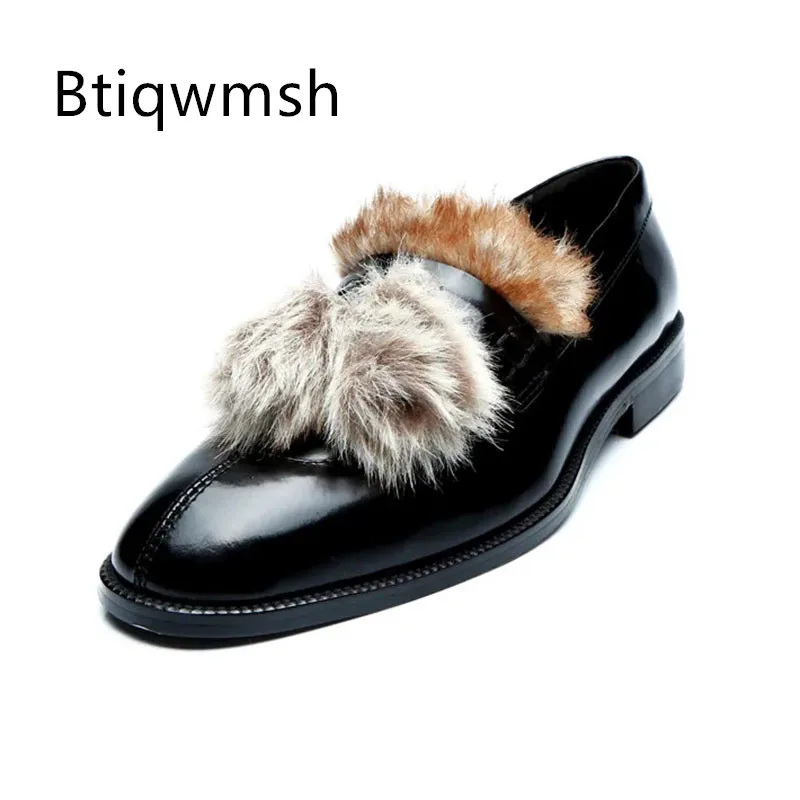 

Fox Fur Shoes Man Pointed Toe Black Leather Flats Male Fashion Loafer Shoes