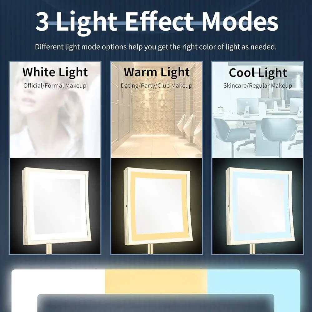 Miroir de maquillage grossissant 5X éclairé par LED carré avec prise, or poli, 8