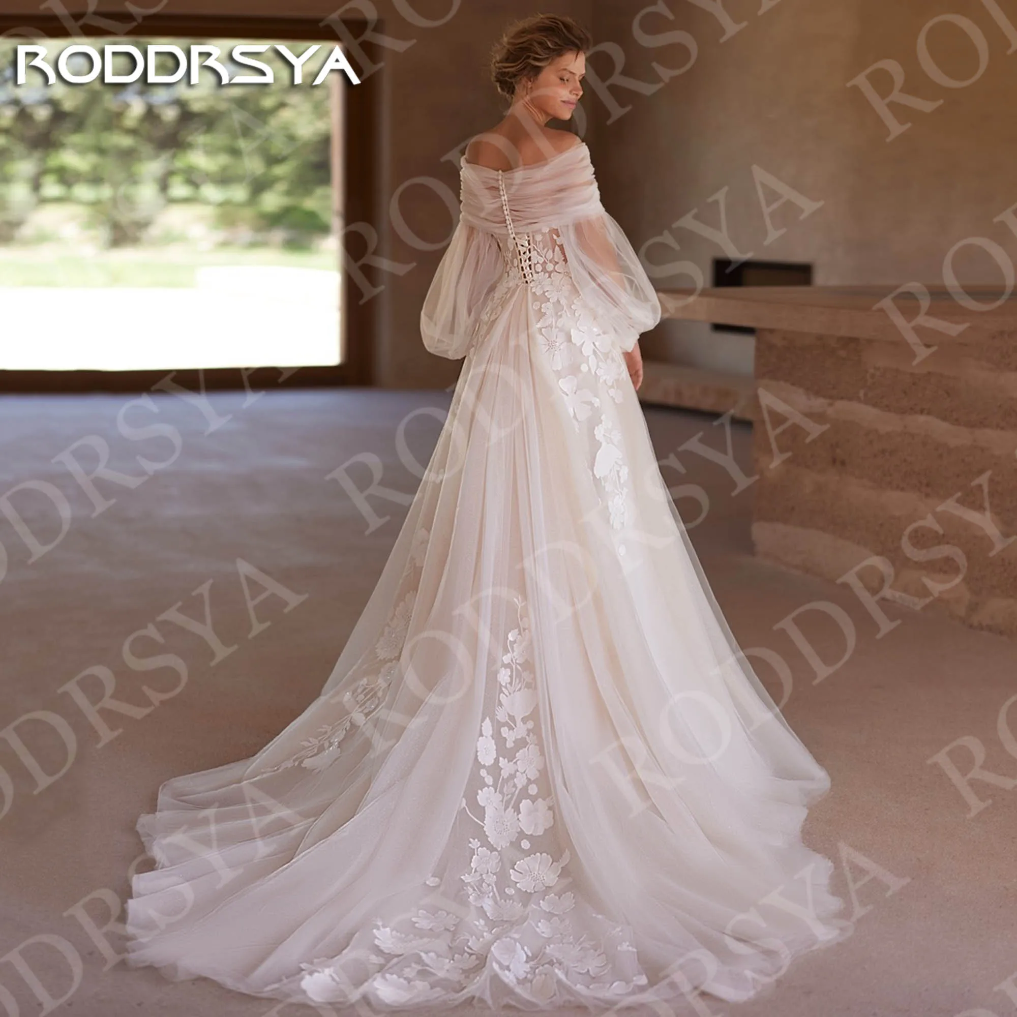 Roddrsya romântico uma linha vestidos de casamento para mulher fora do ombro floral renda tule vestido de noiva personalizado Romântico vestidos de noiva de linha para mulher fora do ombro Floral Lace Tulle Vestido de