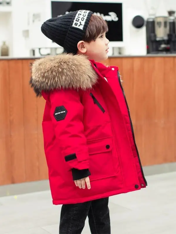 Winterwarme Daunenjacke für Kleinkinder, die laufen lernen, mit Kapuze, Jungen- und Mädchenbekleidung, Outdoor-Jacke mit dickem Wollkragen – Detail 18