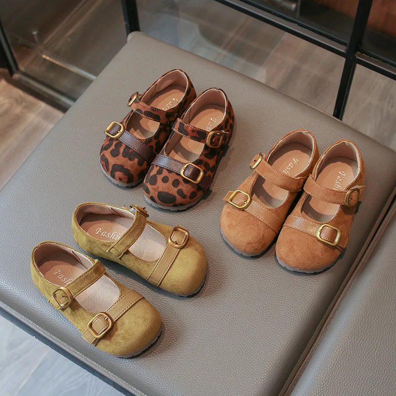 Girls Retro Leopard Print Mary Jane Shoes Spring Autumn New Soft-soled Children's Suede Buckle PU Leather Loafer Shoes