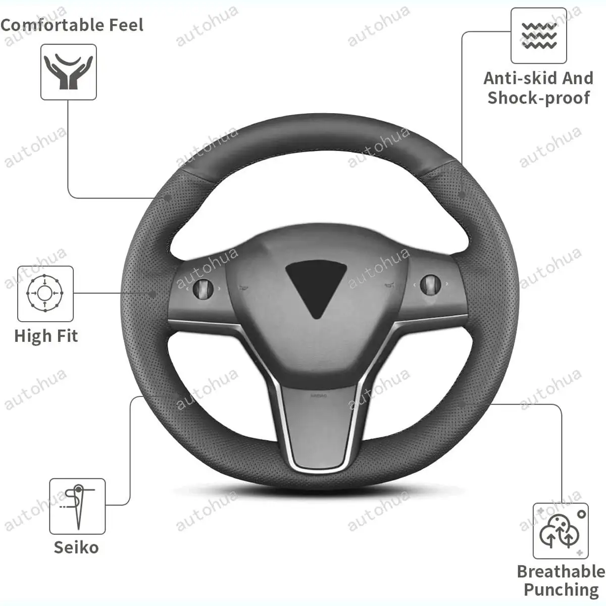

Hand Sewn Steering Wheel Cover for Tesla Model 3 2017-2023/Model Y 2020-2023 Non-Slip Breathable Microfiber Leather