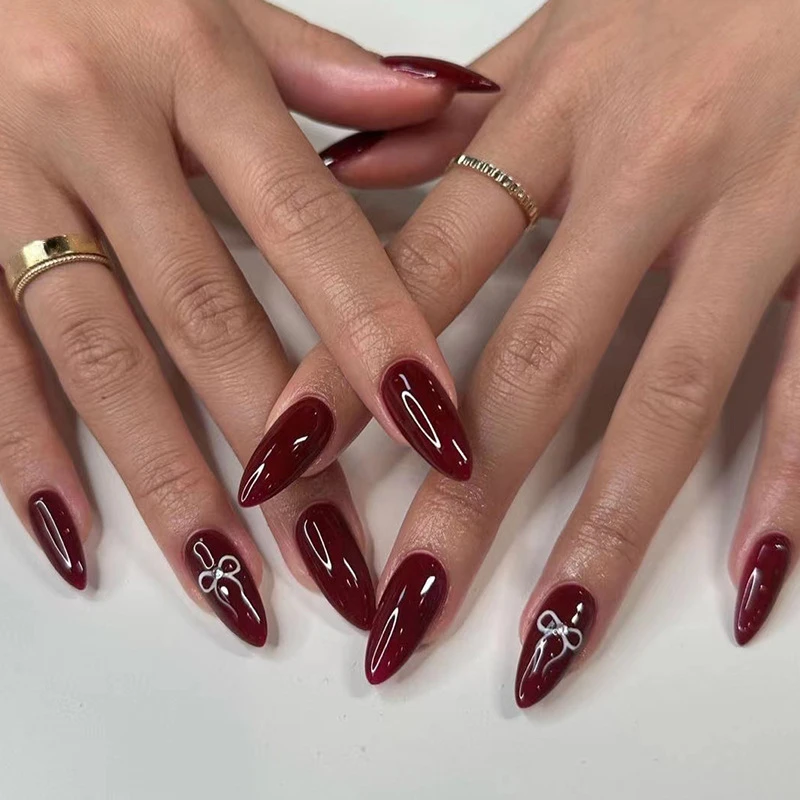 Bowknot Rhinestone Wine Red Wearable Almond False Nails Valentine's Day Detachable Finished Fake Nails Press on Nails with Glue