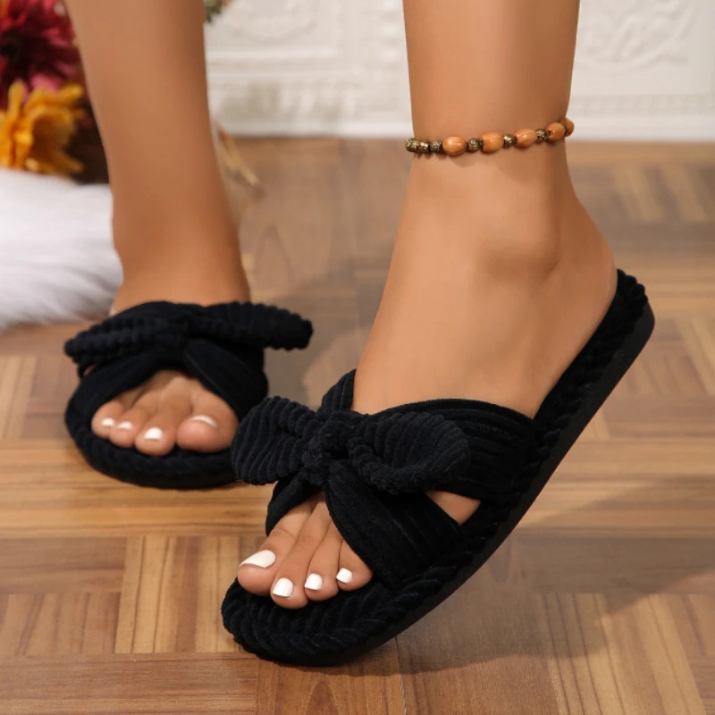 2026 Winter New Sweet Bowknot Cozy Indoor Women's Slippers Trendy Corduroy Cotton Slippers EVA Anti Slip Flat Shoes for Woman