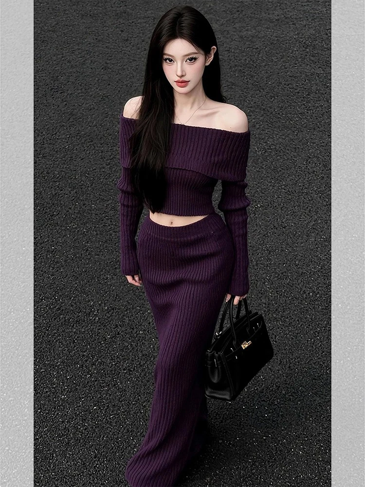 

Korean Style Knitted Sweater Skirt Set Women's Autumn Winter New High Fashion One-Shoulder Two-Piece Set High Waist Straight Cut