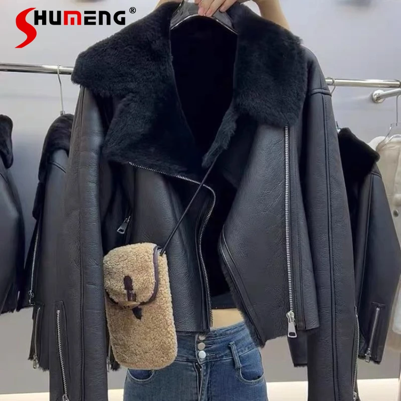 

Women's 2025 Autumn Winter New Leather Jackets Feminine Lapel Short Style Fashion Motorcycle Jackets Long Sleeve Faux Fur Coats