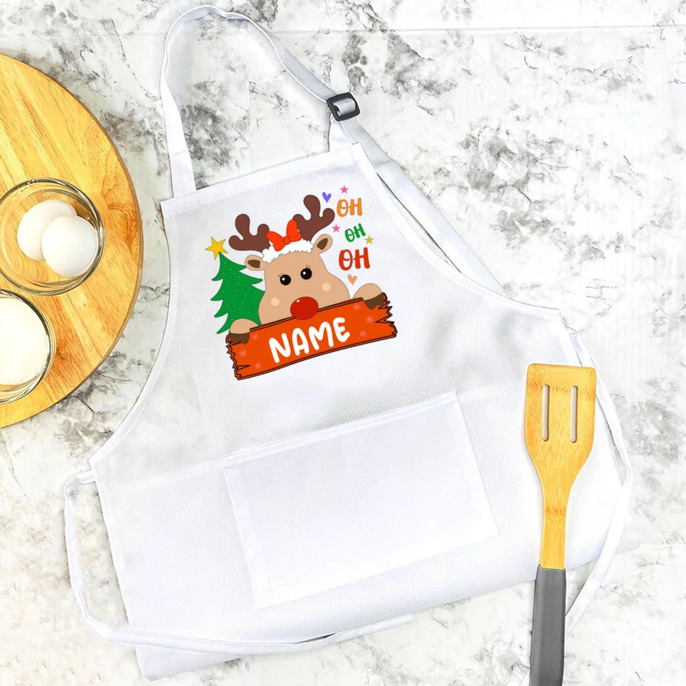 Personalized Christmas Apron Deer with Name Aprons Kids Cooking Baking Apron Custom Children Aprons Best Xmas Gifts for Child