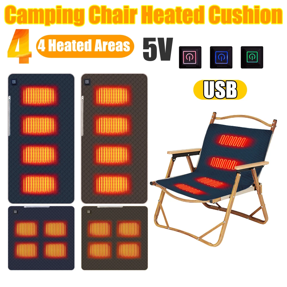 5V 4 Heated Areas Heating Mat Cushion Portable Heated Chair Cushion 3 Adjustable Temperature USB Charging for Outdoor Travel