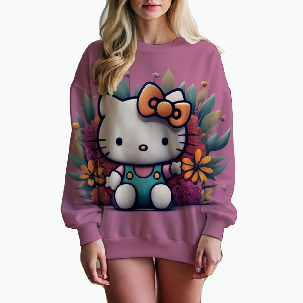 Women\'s Hello Kitty Printed Sweatshirt, High Street Women\'s Hoodie, Y2K Pattern Clothing, Casual Round Neck Sweater