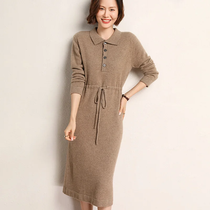 

Autumn and Winter New Women's POLO Collar Cashmere Dress Over the Knee Tunic Mid Length Dress Loose Warm Knitted Dress