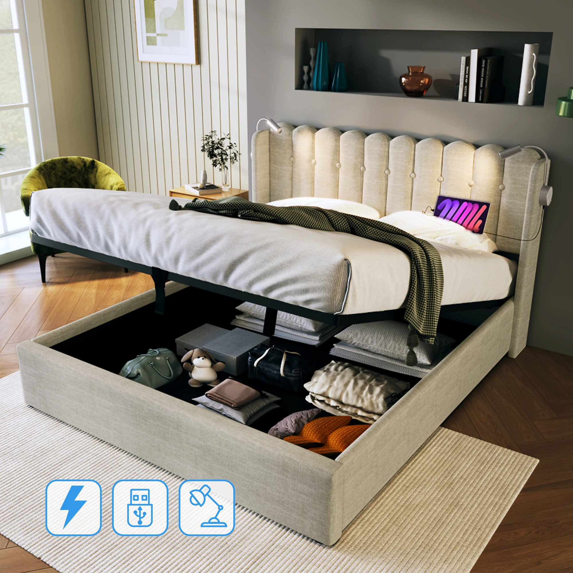 Lit coffre 140 × 200 cm Lit double - USB, rangement et lampe de lecture - sans matelas - en lin naturel