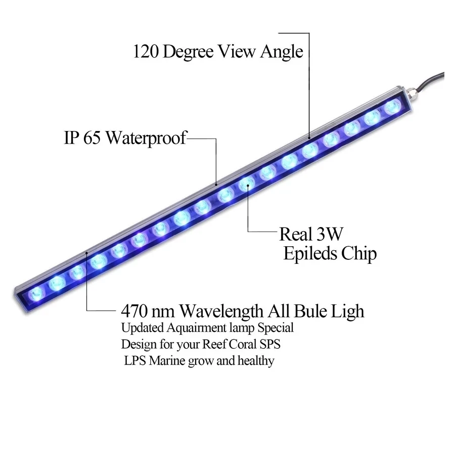 Led Aquarium Light Marine Creature Lamp 54W Strip Bar Light with All Blue 470nm Leds for Fish Coral Reef Tank