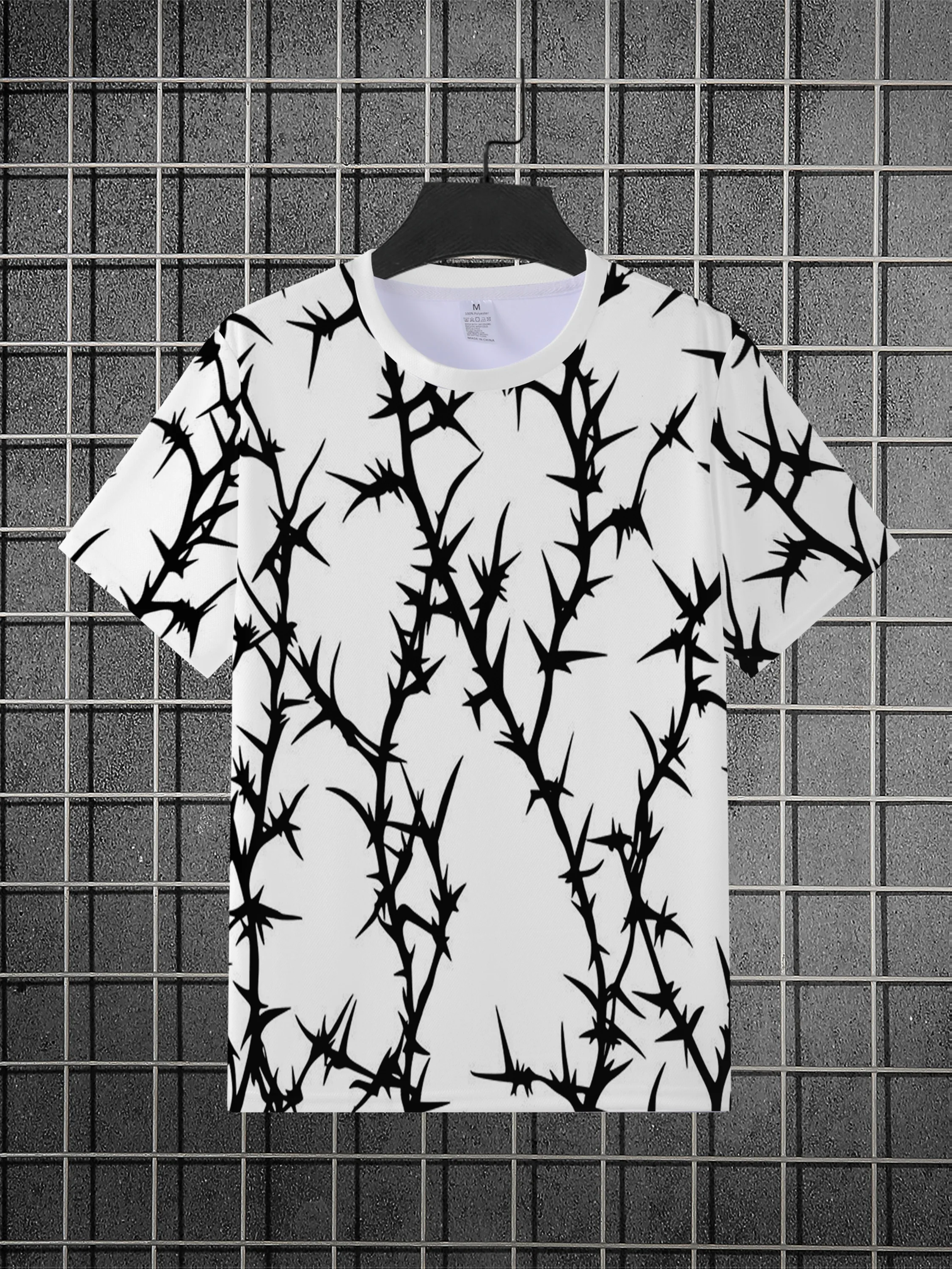 Gothic Spiky Thorn Vine Print T-Shirt for Men, White Base Black Branch Graphic Short Sleeve Daily Casual Tops