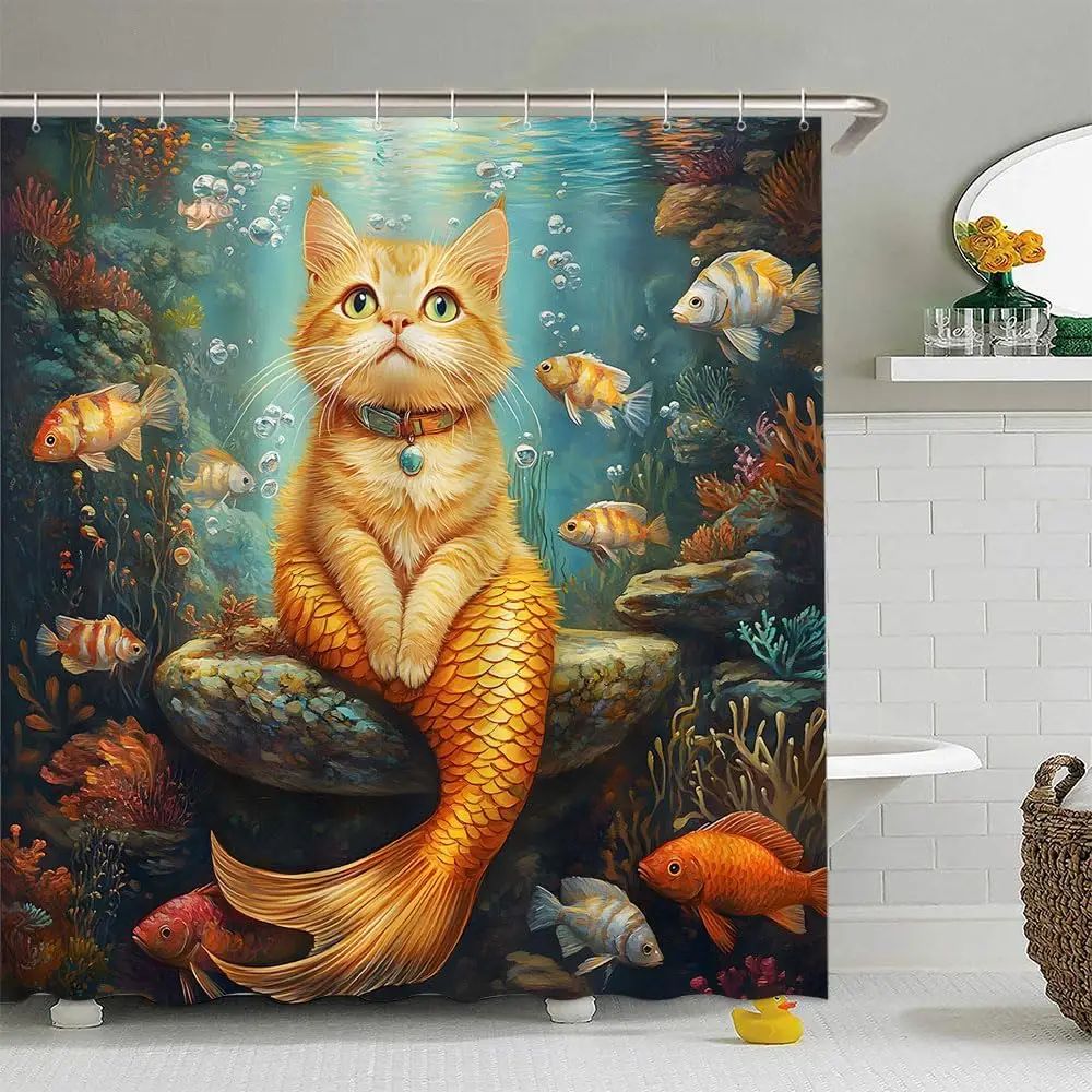 

Funny Cat Mermaid Shower Curtain Nautical Tropical Fish Sexy Rustic Cats Kitty Pet Underwater Farmhouse Animal Creative Unique