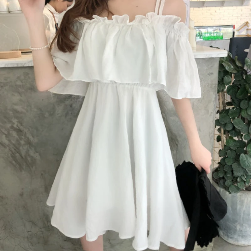 2022 Summer Women White Black Chiffon Dress Backless Lotus Leaf Short Sleeve Ladies Sundress