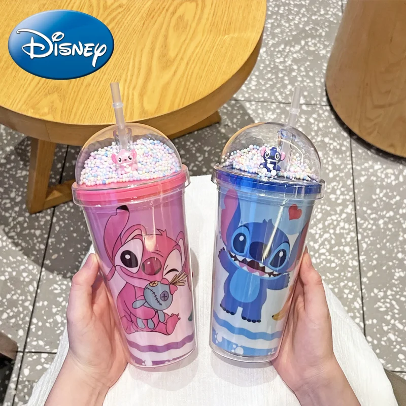 450ML Disney Lilo & Stitch Angel Couple Cartoon Double Layer Plastic Water Cup Portable Gift for Boy Girl