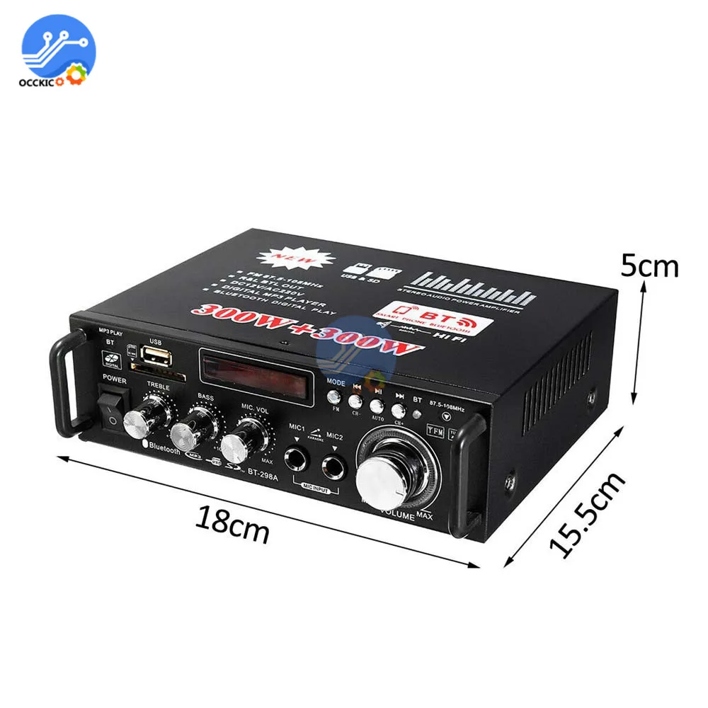 Amplifier Bluetooth 600W 300W + 300W 2CH HIFI Audio Stereo Power AMP USB FM Radio Home Theater Mobil dengan Remote Control