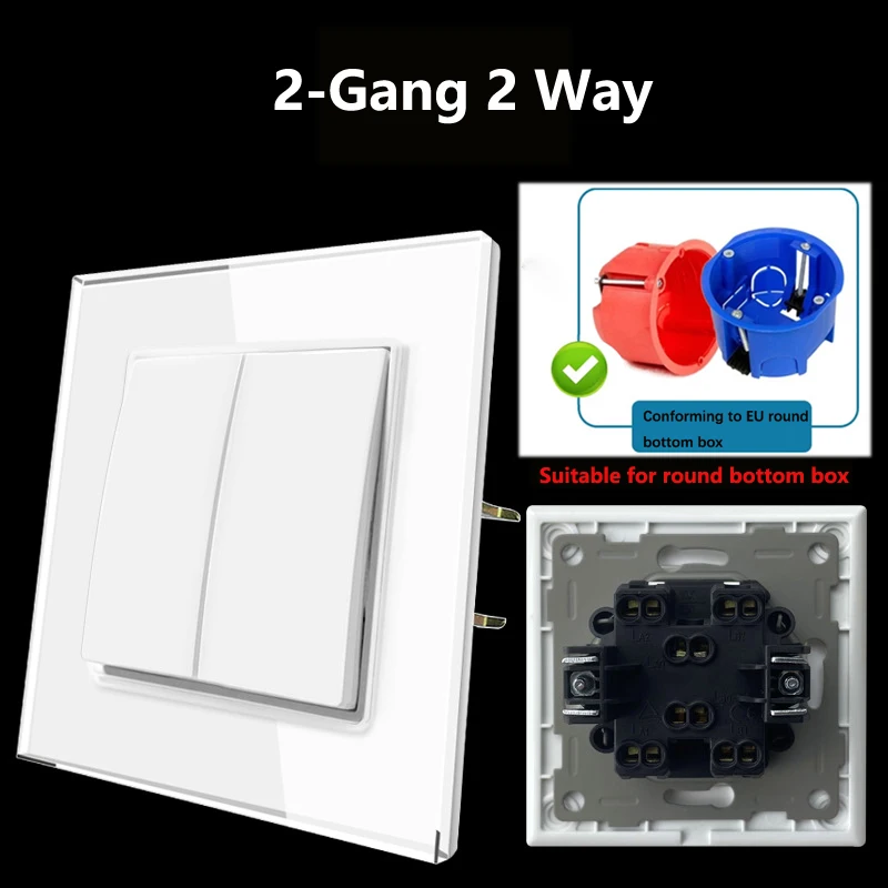 Wall Light Push Button Switch Tempered Glass White Panel 1-2 Gang 2 Way Switch EU Socket Suitable for Round Bottom Box