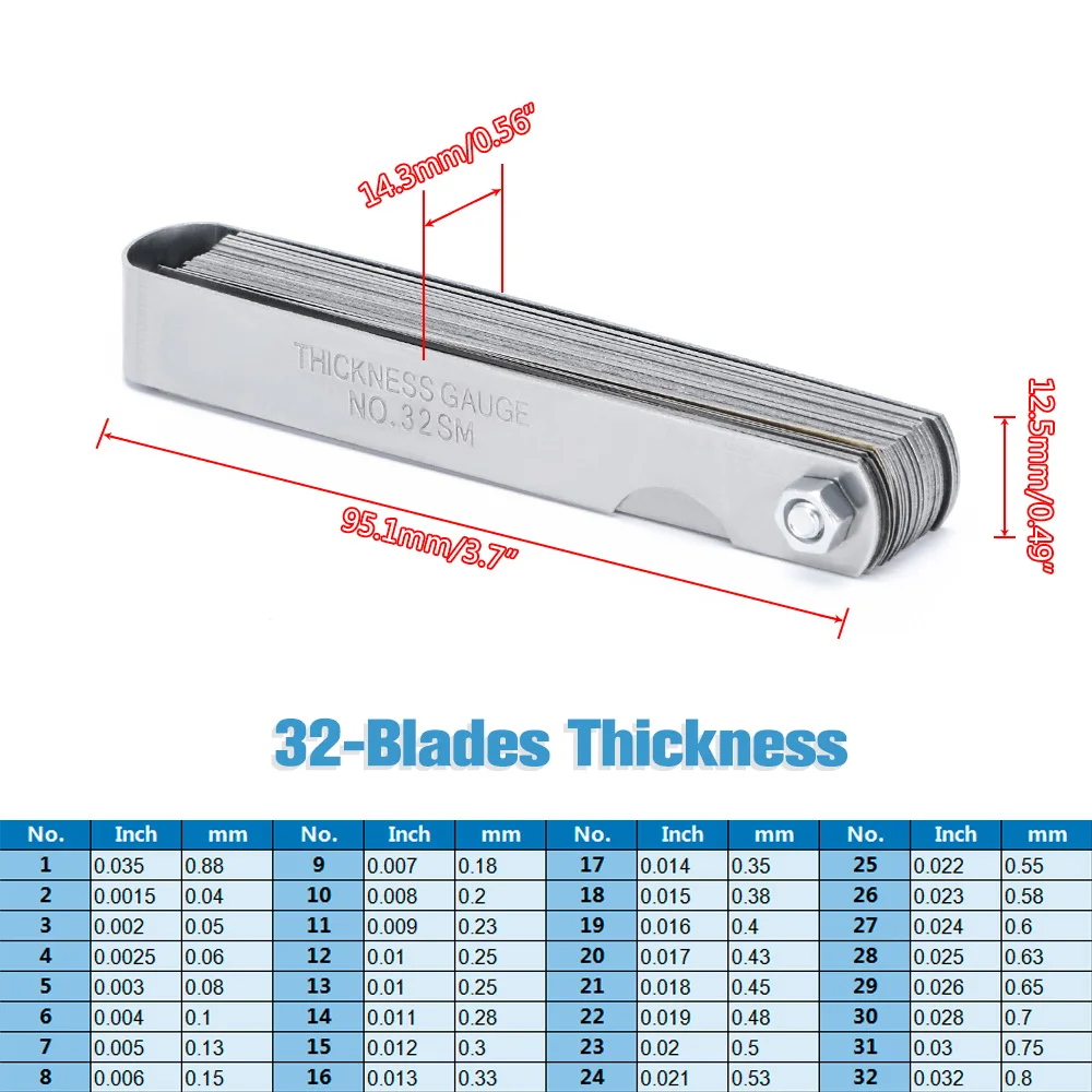 Feeler Gauge 32-Blade Dual Reading Combination Gap Measurement Tool Feeler Gauge Set For Gap Width/Thickness 0.04-0.88mm