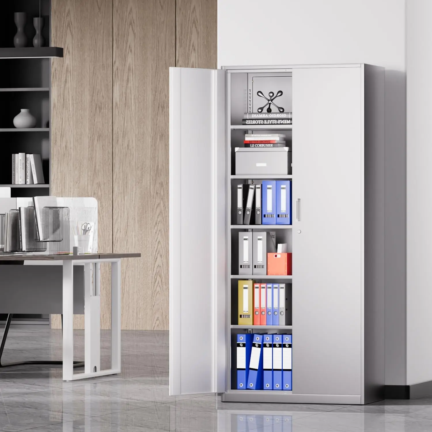 #￥Modern Heavy Duty 71'' Metal Storage Cabinet with 5 Adjustable Shelves Locking White for Garage Office Home & Kitchen