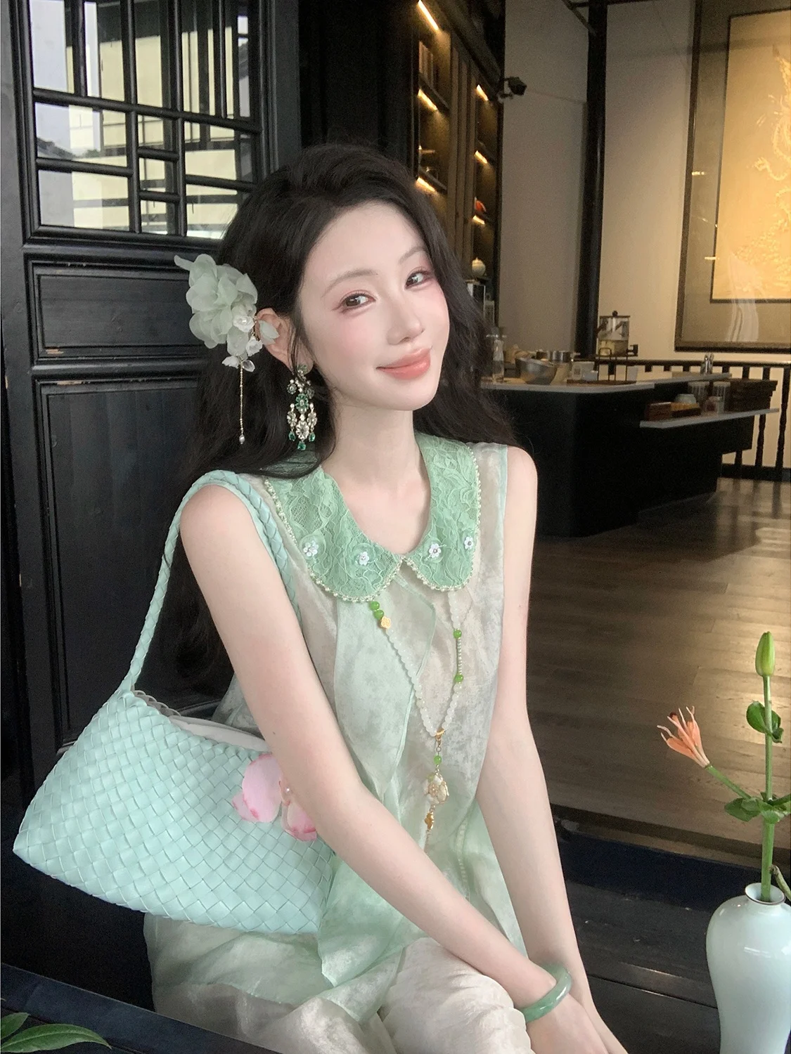 Syqiao Baby Doll Shirt Thin Silk Loose Sleeveless Lace Collar Summer Top Women's Fashion Lightweight Classic Length Regular Fit