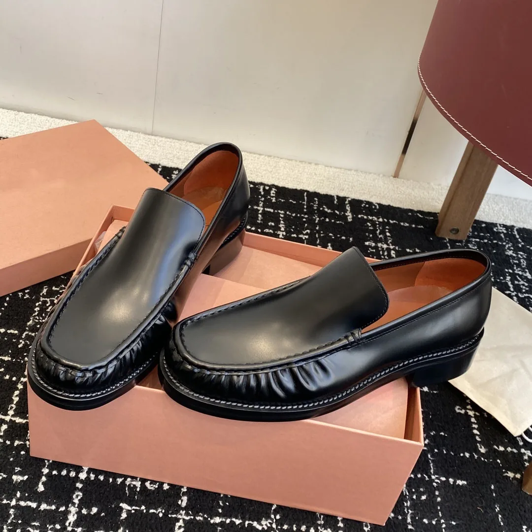 

Women's Leather Loafers Black Ruched Raised Seam Detail Shoes
