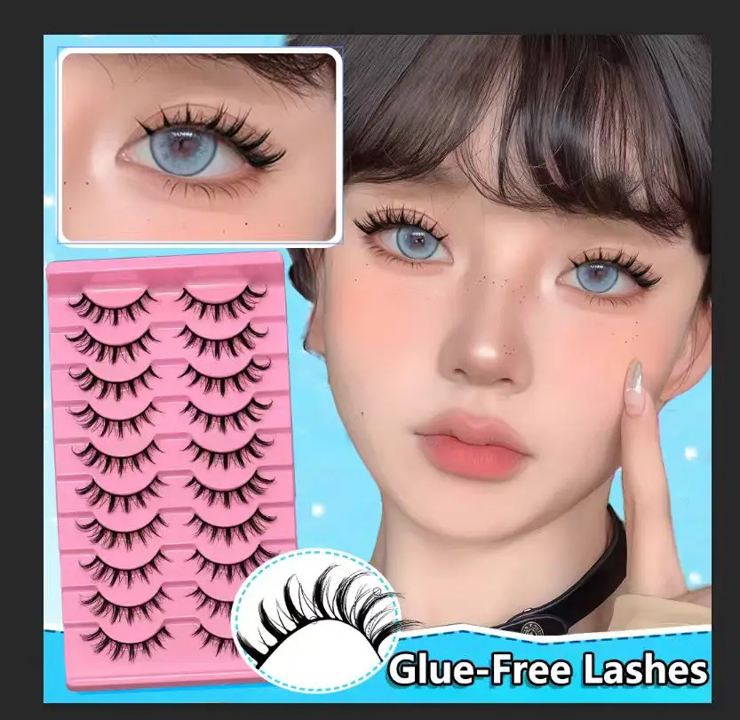 10 Pairs of Natural Simulation Half Eye False Eyelashes, Transparent Stem, V-shaped Cross Design, Curled and Extended Eyelashes