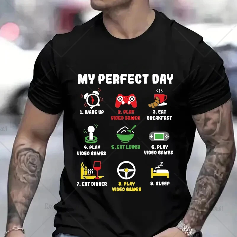 Men\'s T-shirts My Perfect Day Gamer Cool Gamer Video Game Funny T-Shirt Male Tshirts Video Games Play Playing Lover Tops Outfits