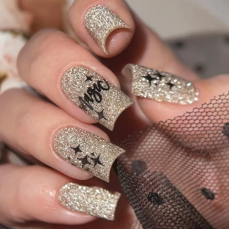 

24pcs Gold Glitter Press-On Nails - Star & Alphabet Design Be All-Match Medium Square Shape (Multi Sizes)