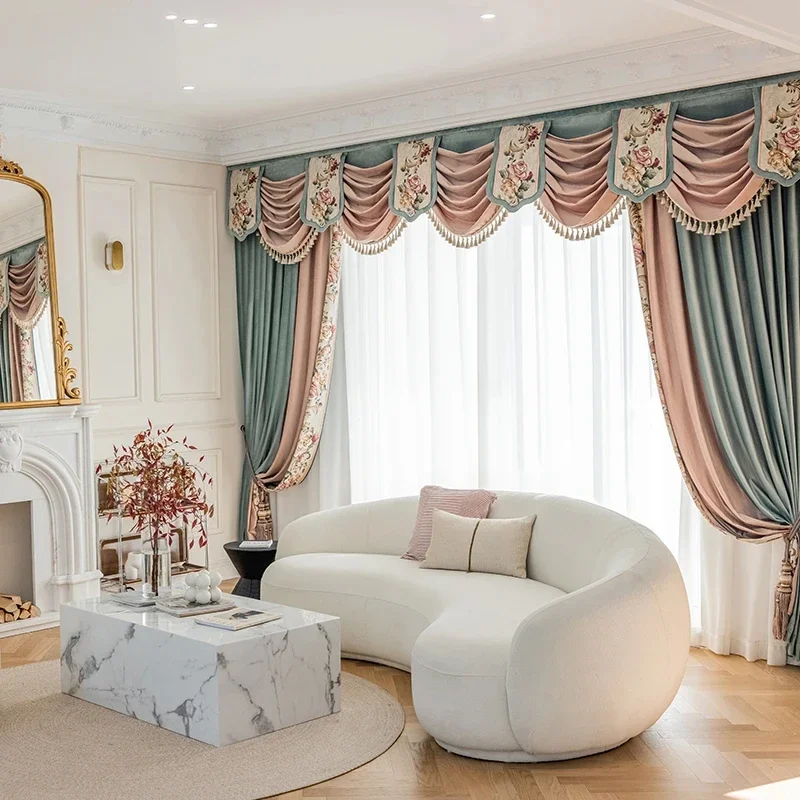 Rideaux en velours bleu rose avec coutures brodées rétro, pour salon, chambre à coucher, décoration de Villa, rideaux occultants sur mesure