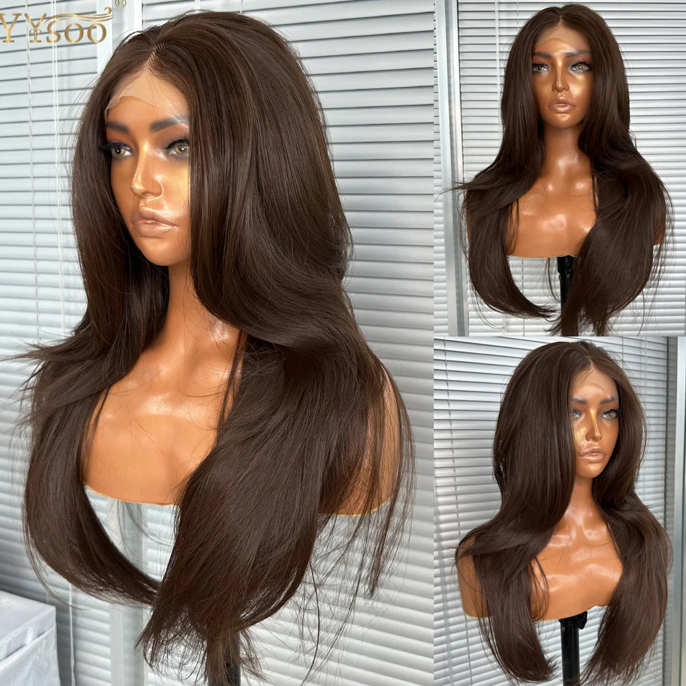 

6# Short 13x4 Brown Black Futura Synthetic Lace Front Wigs for Black Women with Bangs Pre Plucked Hairline Half Hand Tied Wig