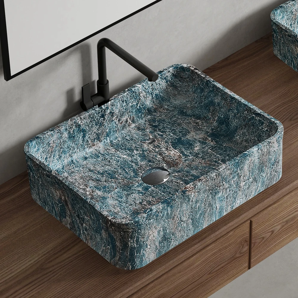 j* Light Luxury Modern Rectangle Artificial Stone Wash Basin Blue Counter Top Bathroom Sink Unique Pattern Art Basin for Hotel