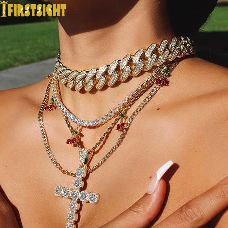 Gold Silver Color 18mm Classic Cuban Link Chain Necklace Iced Out Bling 2 Raw CZ Choker For Women Men Hiphop Jewelry