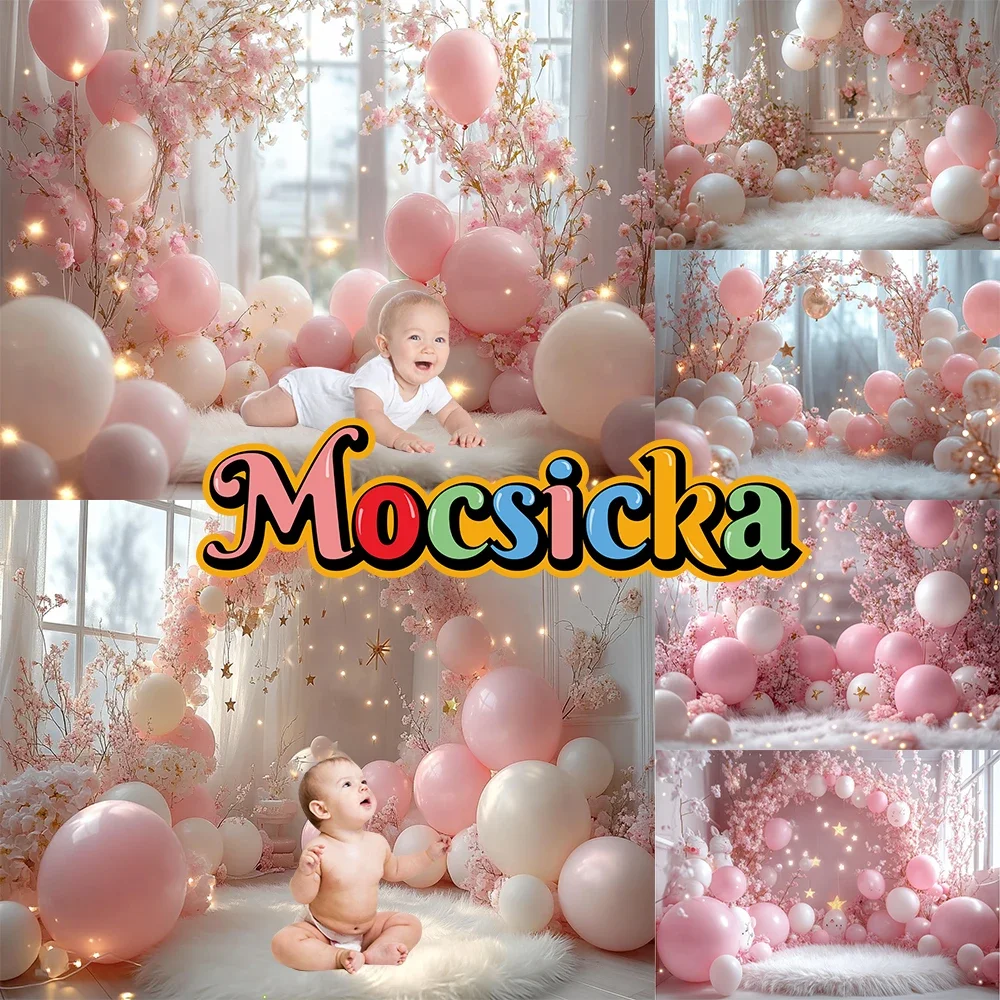 

Mocsicka Happy Birthday Cake Smash Photography Background Warm Balloons Plush Carpet Party Kids Photo Backdrops Studio Props