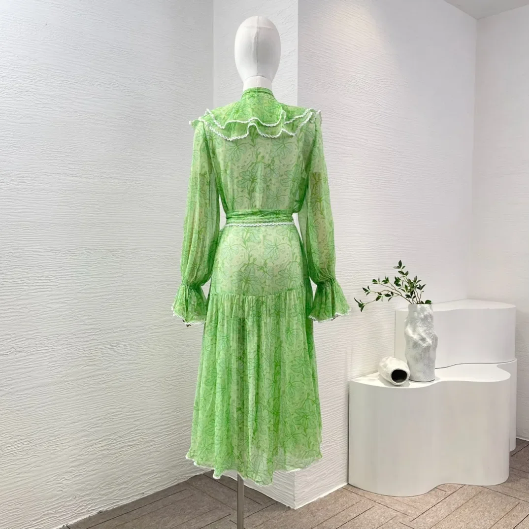 New Collection Light Green Front Buttons Closure Flouncing Ruffle Long Sleeve Floral Print Belt Silk Midi Dress for Women