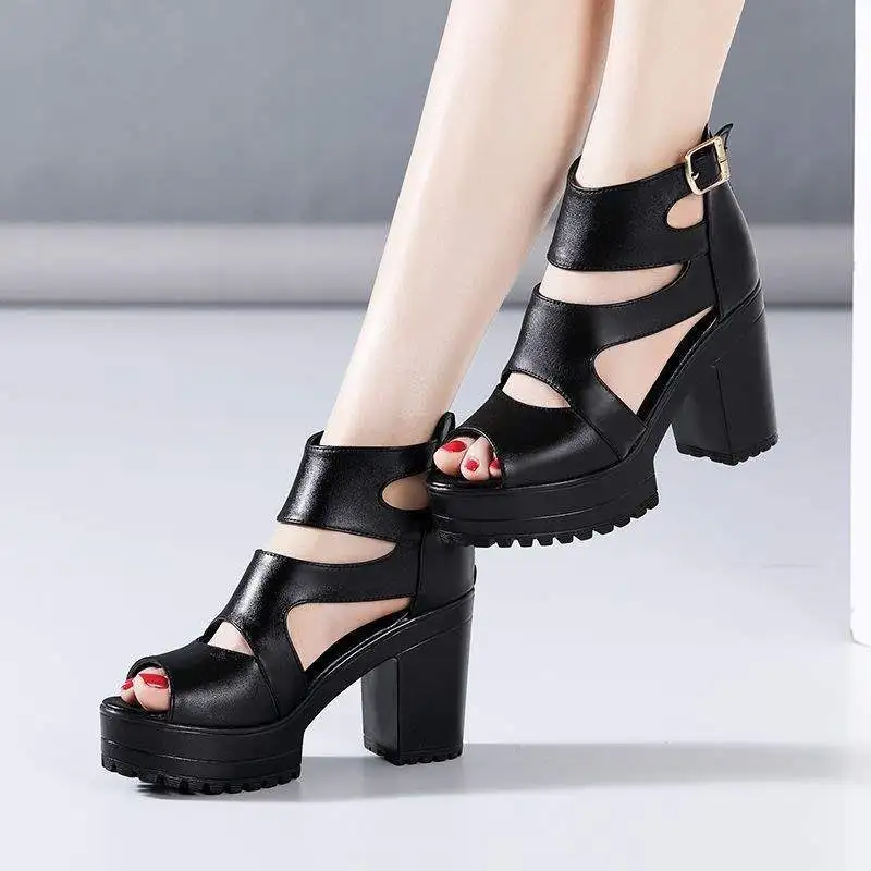 Summer Height Increasing 10CM Rome Sandals Platform Open Toe Hollow-out Rear Zipper High Heels Lady Comfortable Office Work Shoe