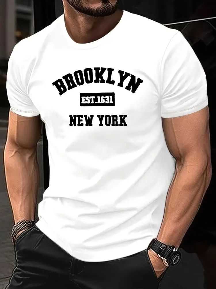 Men's Summer 100% Cotton Fashion Casual Loose Brooklyn EST 1631 Printed Sports Round Neck Short Sleeve T-shirt Top