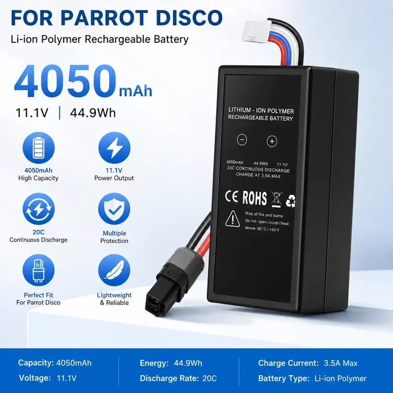 [NEW]  ly upgraded 11.1V 4050mAh 44.9Wh Rechargeable UAV 20C Drone Battery for Parrot Disco Lithium-ion Polymer Rechargeable