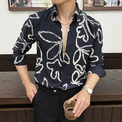 High Quality Autumn Winter Long Sleeved Shirts Men Fashion Flower Casual Business Formal Dress Shirts Social Party Streetwear