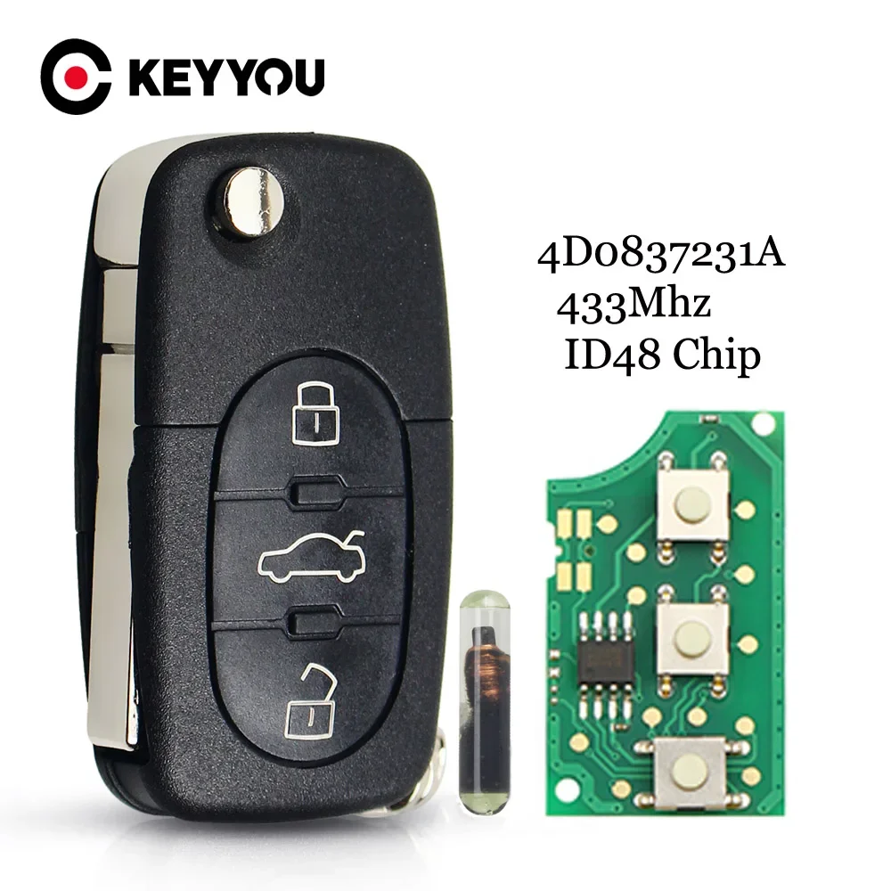 

KEYYOU For Audi 4D0837231A Remote Car Key For Audi A3 A4 A6 A8 TT RS4 Quattro Old Models 433Mhz ID48 Chip Car Remote Flip Key