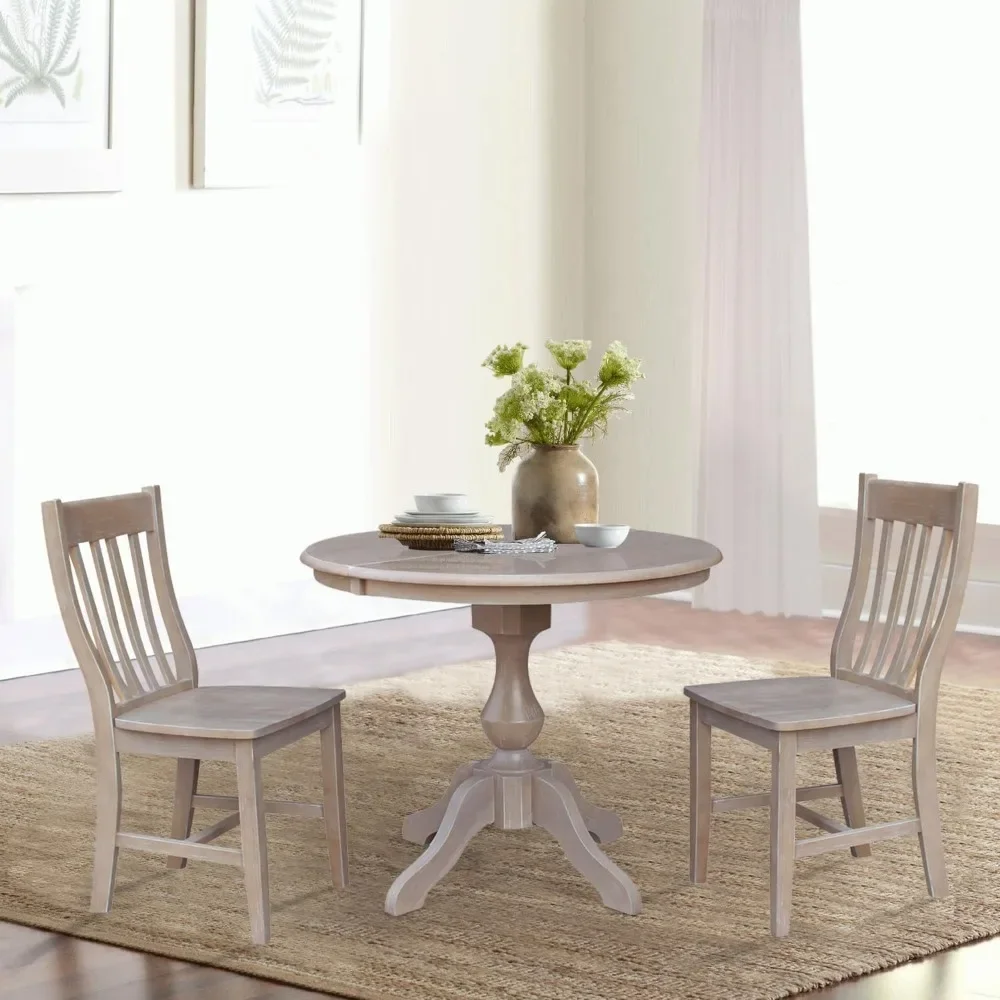 International Concepts 36" Round Extension Dining Table With 2 Cafe Chairs, Washed Gray Taupe