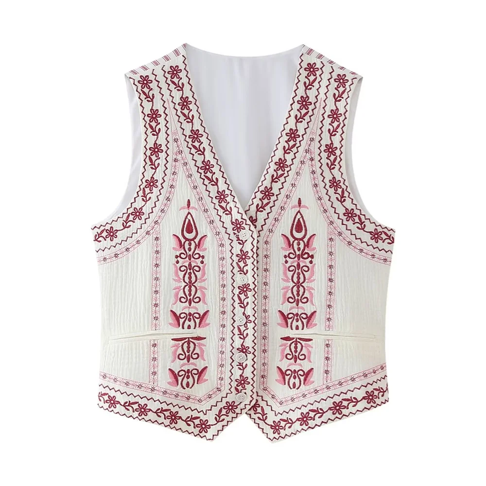 PB&ZA2024 Summer New Women\'s Fashion, Elegance, Slim Fit, Leisure and Versatile Heavy Industry Embroidered Vest Vest Vest