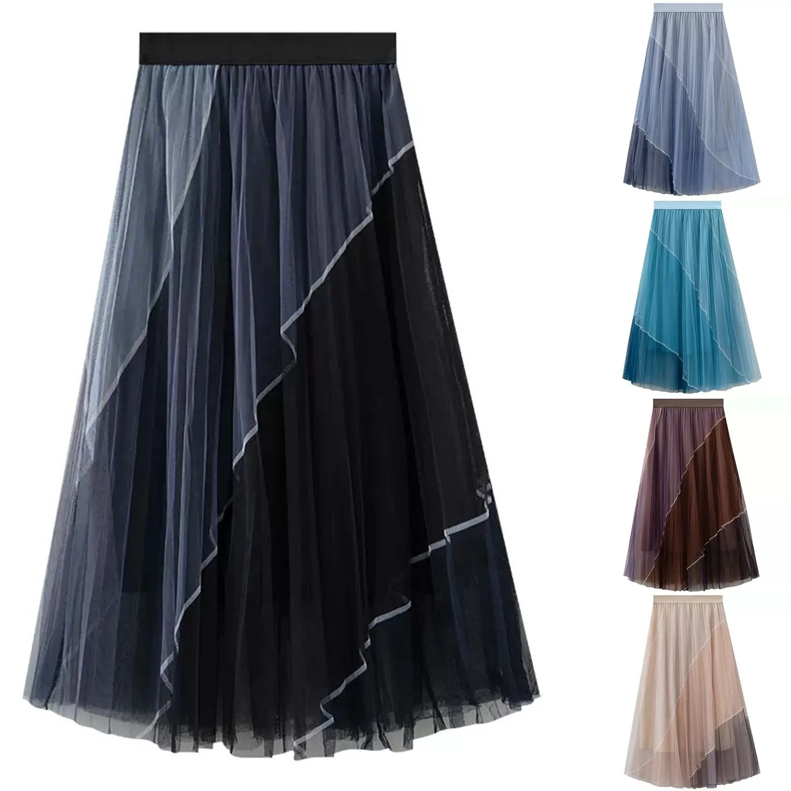 Women's Fashion Irregular Color Block Patchwork Mesh Half Length Skirt Super Fairy Skirt High Waist Pleated Large Swing Skirt