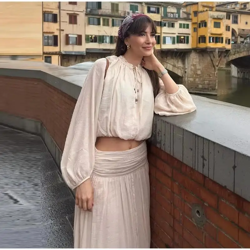 2026 Autumn New Casual Long Skirt Suit Women O-neck Wrinkle Short Blouse Zipper Long Straight Skirt 2 Pieces Set Fashion Outfits