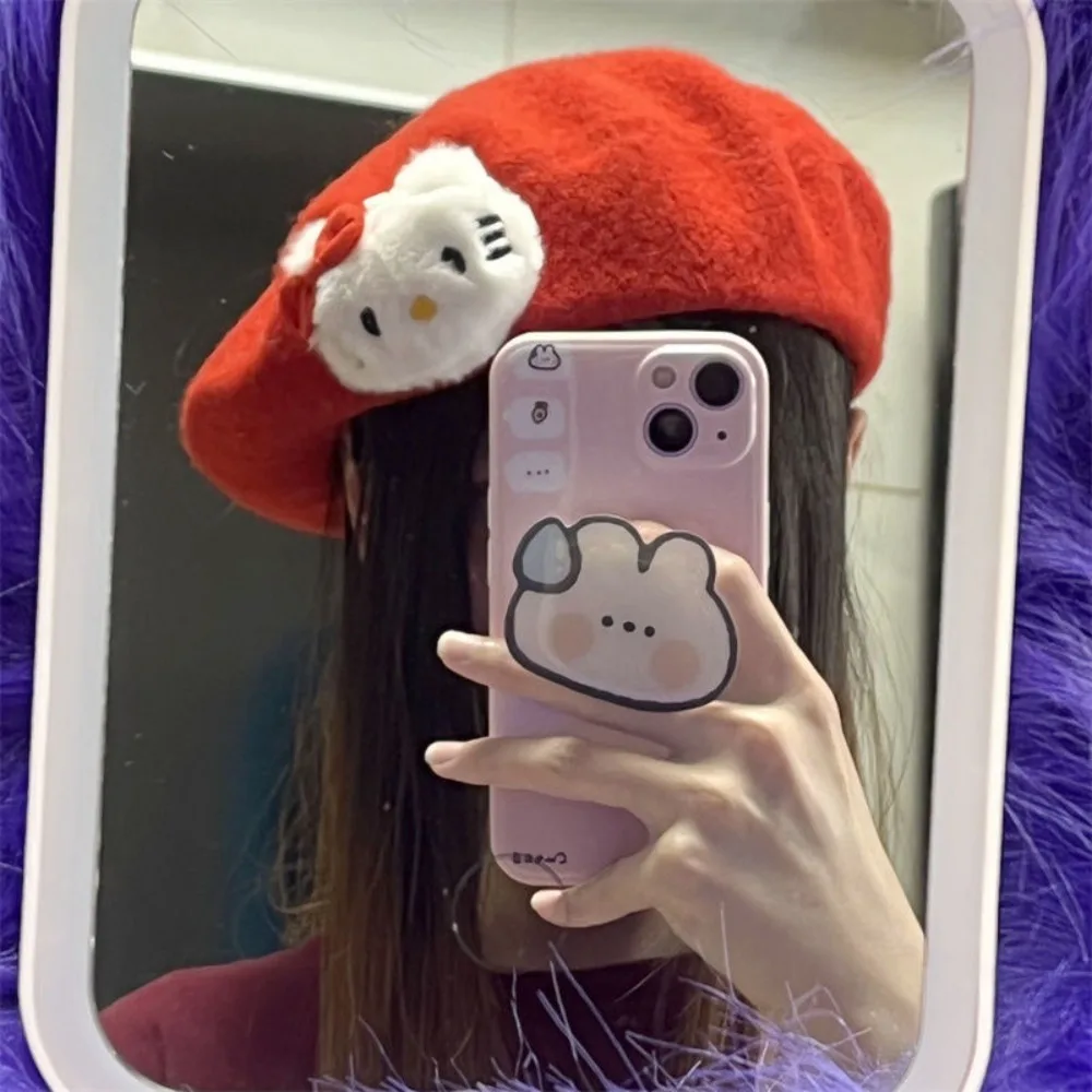 Sanrio Hat Hello Kitty Kuromi Originality Three-dimensional Doll Beret Autumn Winter Style Fashion Artistic Sense Painter Hat