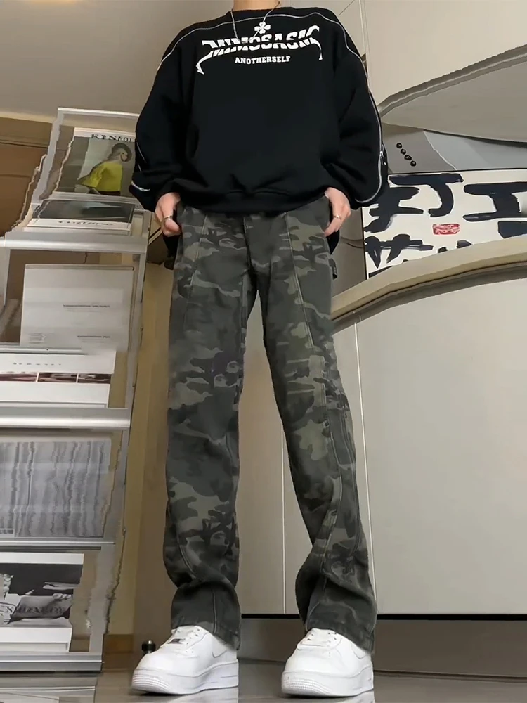 

Винтажные камуфляжные мужские брюки на подкладке, расклешенные повседневные брюки в американском стиле ретро, дышащая смесь хлопка и полиэстера